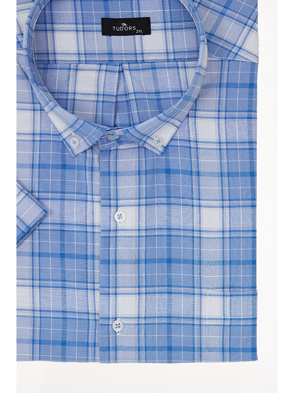 Mavi Erkek Big Size Büyük Beden Pamuklu Düğmeli Yaka Kısa Kollu Tek Cepli Kareli Gömlek-2