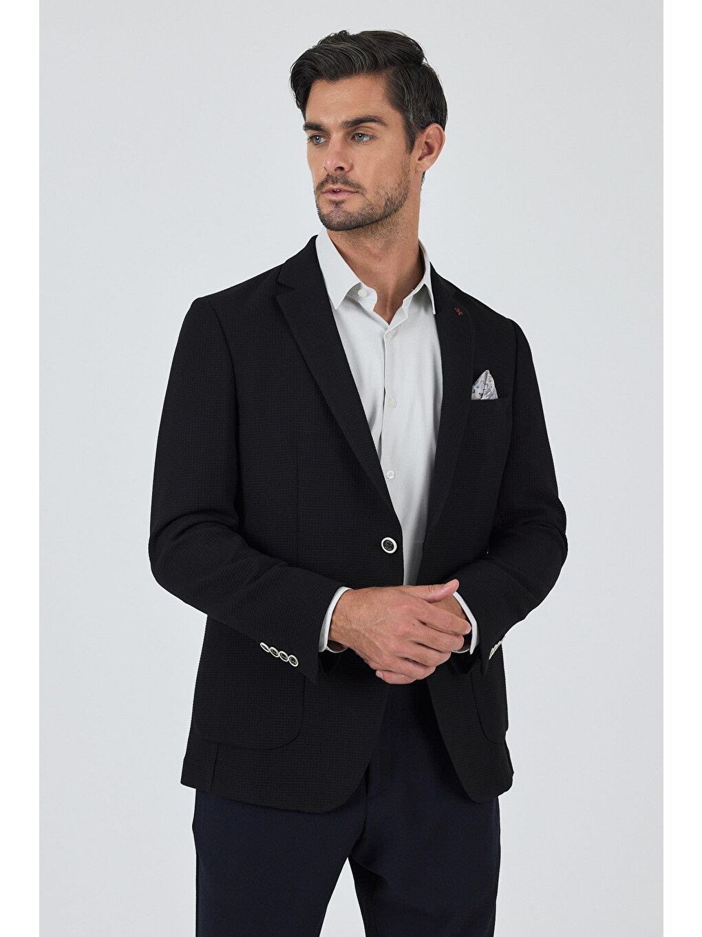 Siyah Mono Yaka Gofreli  Esnek 6 Drop Slim Fit Casual  Ceket 1002250125-2