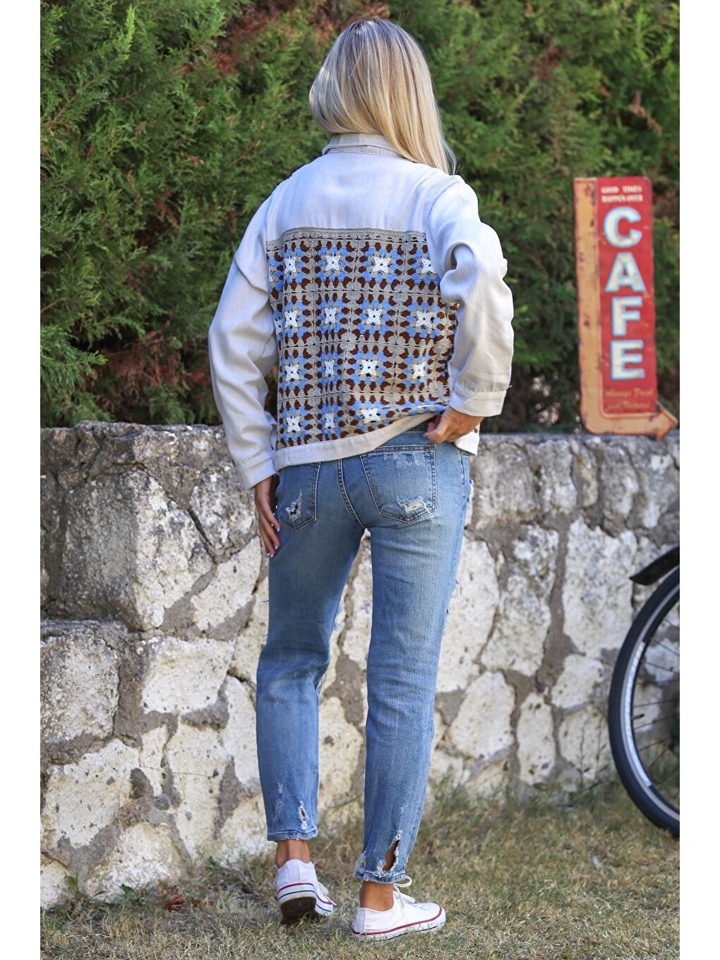 Bej-Mavi Gömlek Yaka Uzun Kol Düğmeli Örme Garnili Dokuma Casual Ceket-1