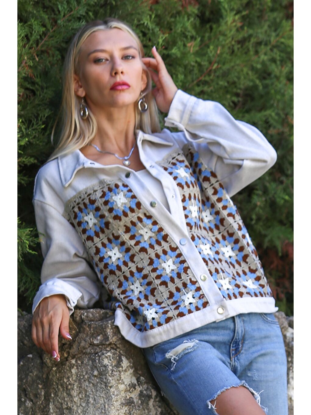 Bej-Mavi Gömlek Yaka Uzun Kol Düğmeli Örme Garnili Dokuma Casual Ceket-2