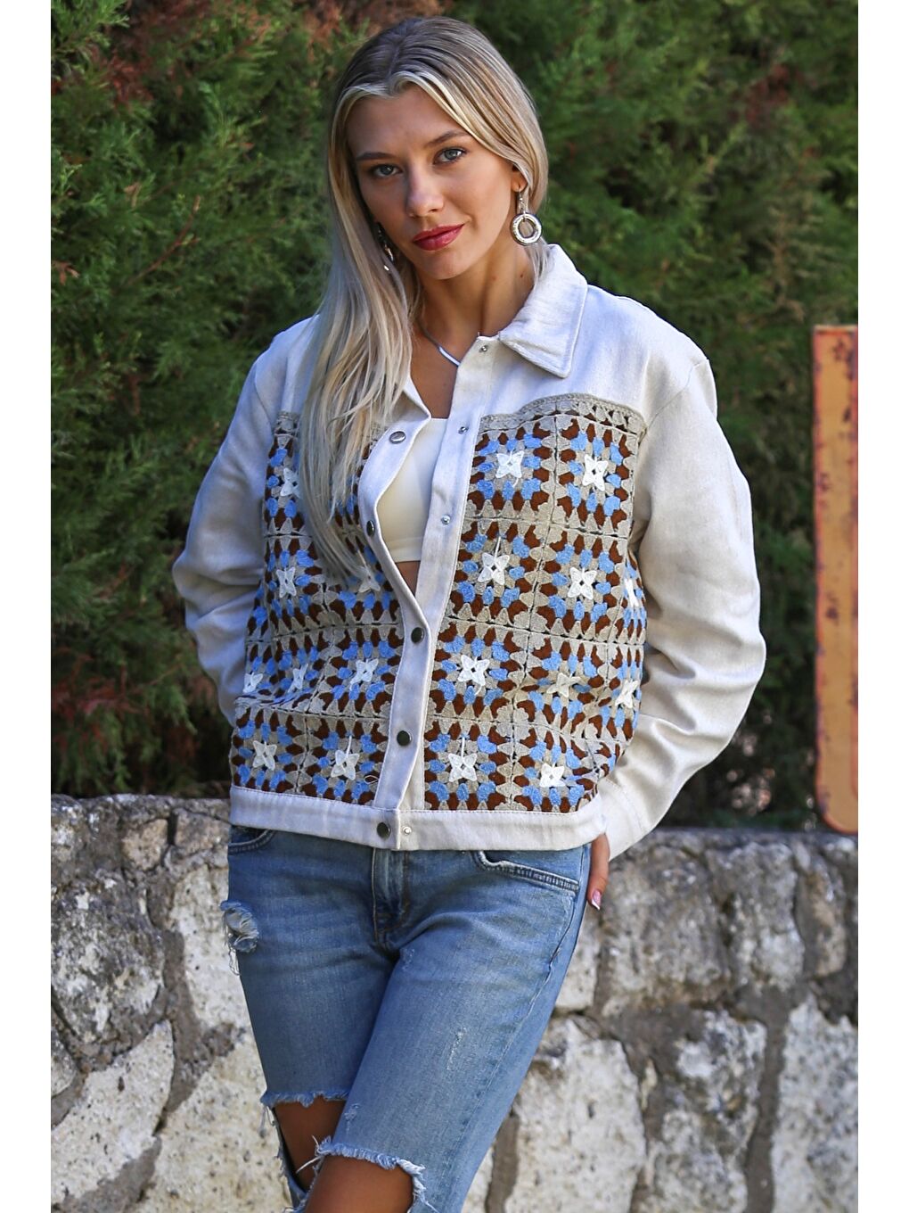 Bej-Mavi Gömlek Yaka Uzun Kol Düğmeli Örme Garnili Dokuma Casual Ceket-3