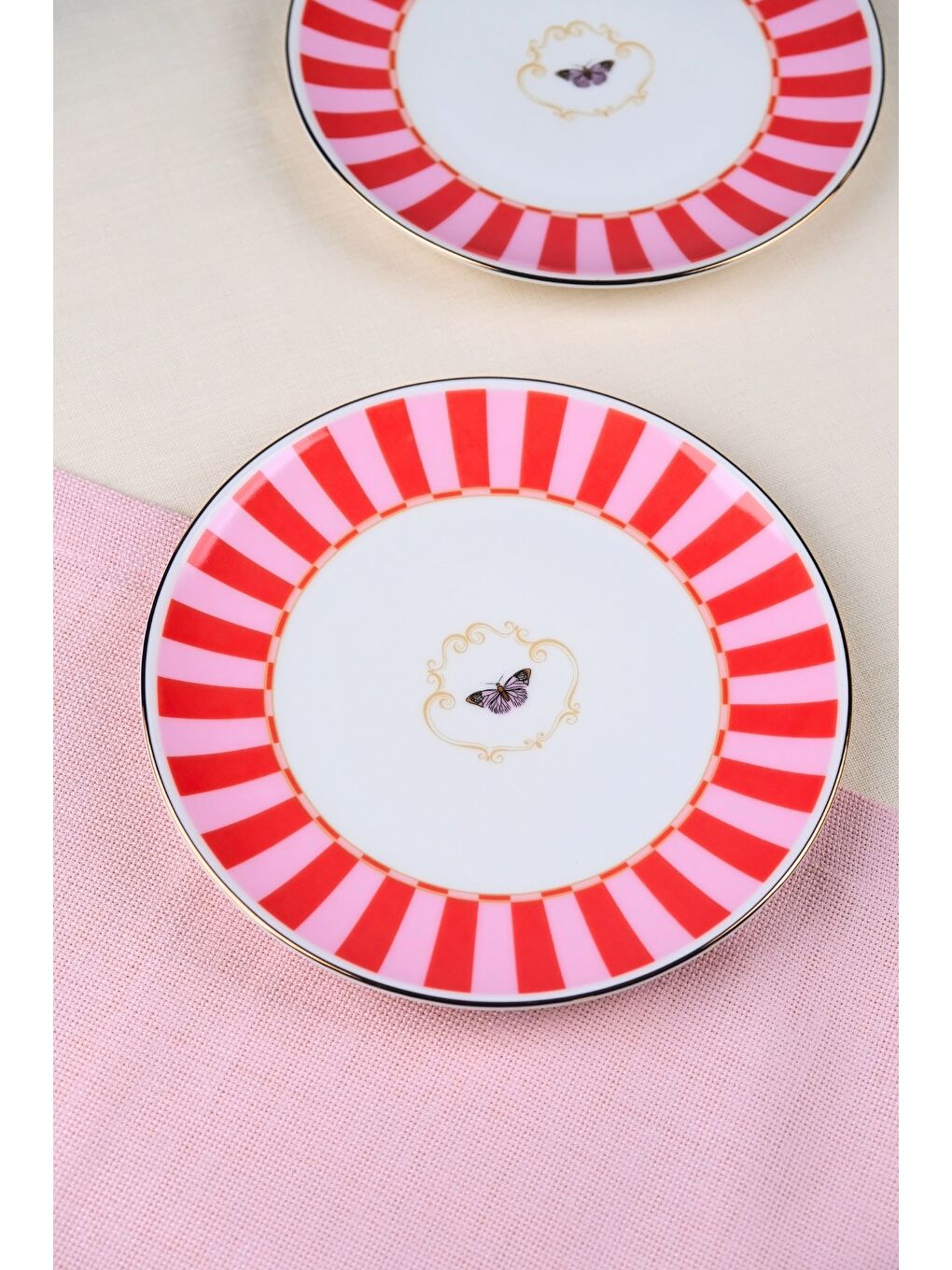 Karışık Porselen Butterfly Collection Altın Yaldızlı Pasta Tabağı Kırmızı 20,50cm 2 li-1