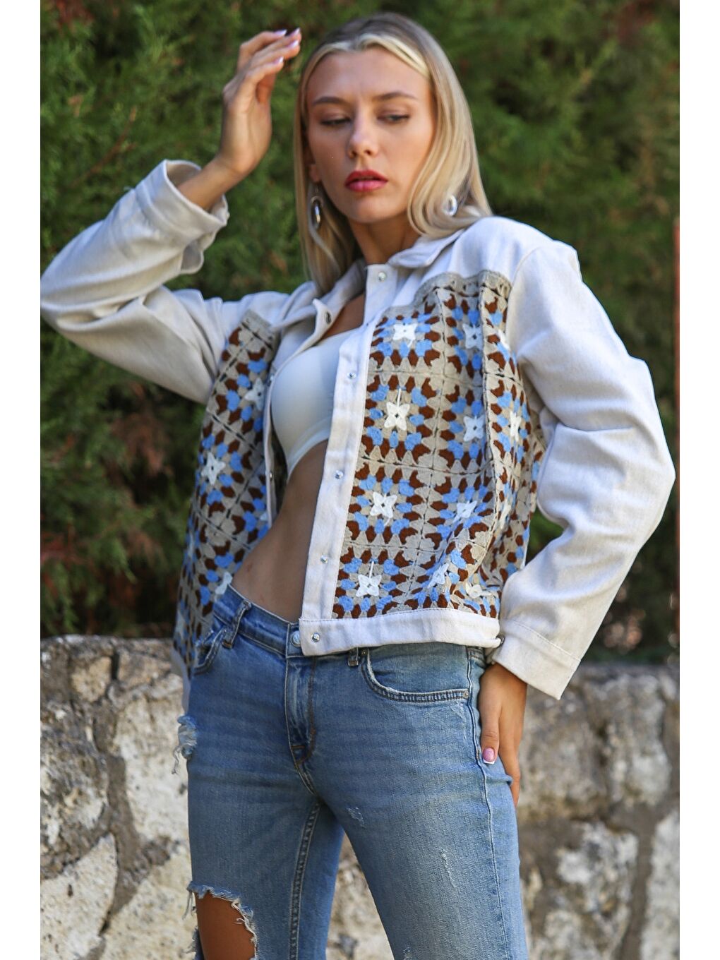 Bej-Mavi Gömlek Yaka Uzun Kol Düğmeli Örme Garnili Dokuma Casual Ceket-4