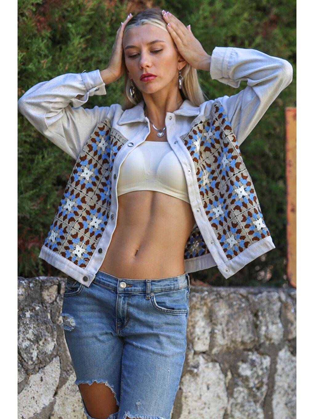 Bej-Mavi Gömlek Yaka Uzun Kol Düğmeli Örme Garnili Dokuma Casual Ceket-5