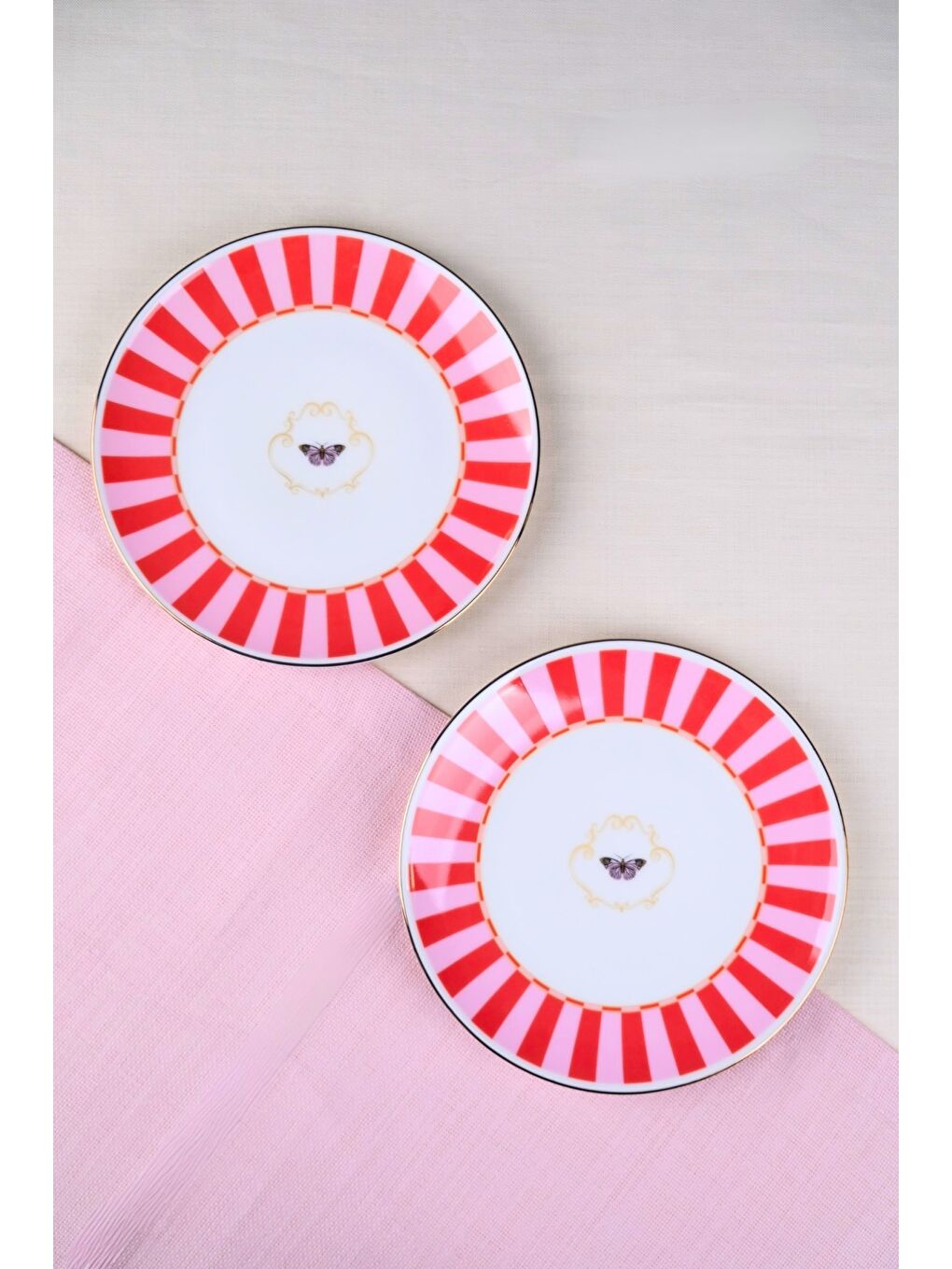 Karışık Porselen Butterfly Collection Altın Yaldızlı Pasta Tabağı Kırmızı 20,50cm 2 li-2