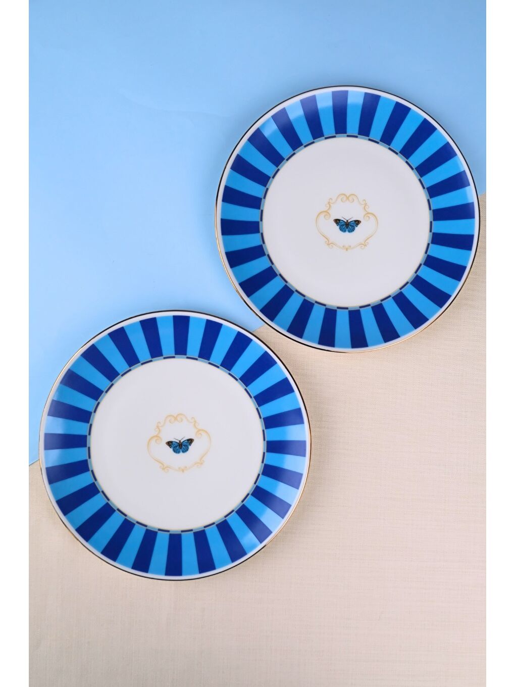 Karışık Porselen Butterfly Collection Altın Yaldızlı Pasta Tabağı Mavi 20,50cm 2 li