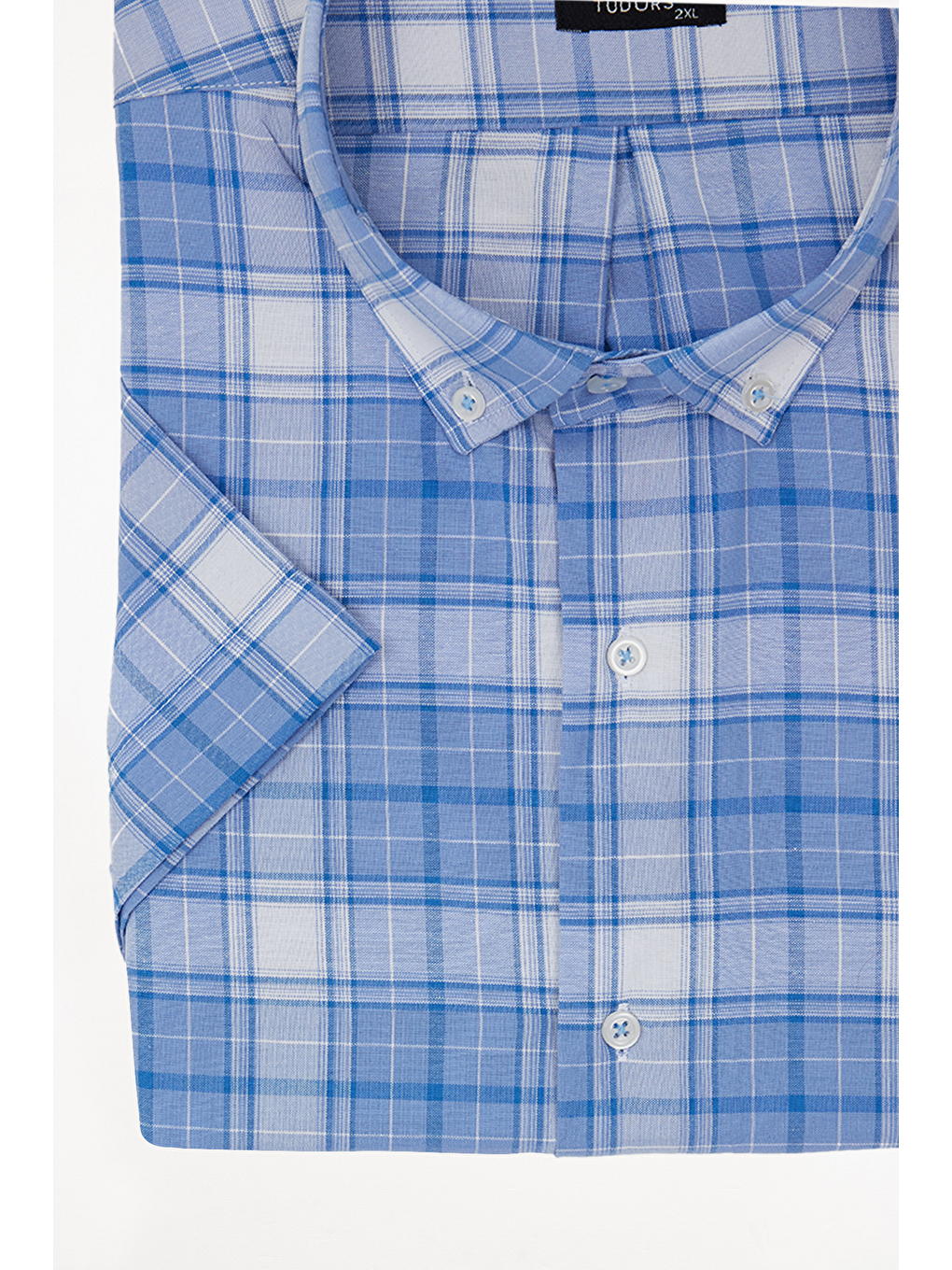 Mavi Erkek Big Size Büyük Beden Pamuklu Düğmeli Yaka Kısa Kollu Tek Cepli Kareli Gömlek-3