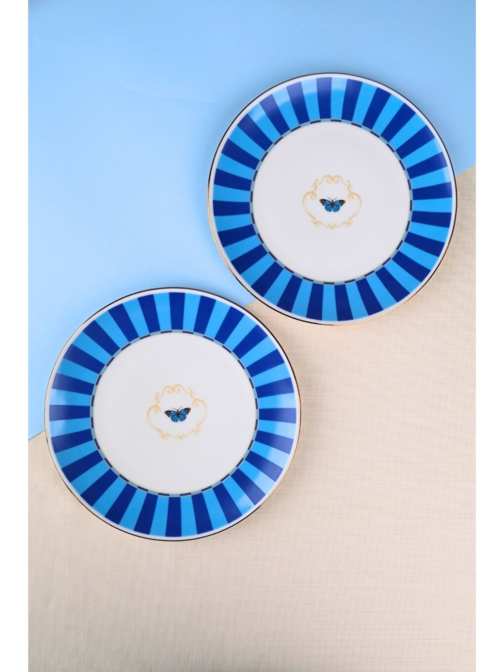 Karışık Porselen Butterfly Collection Altın Yaldızlı Pasta Tabağı Mavi 20,50cm 2 li-1