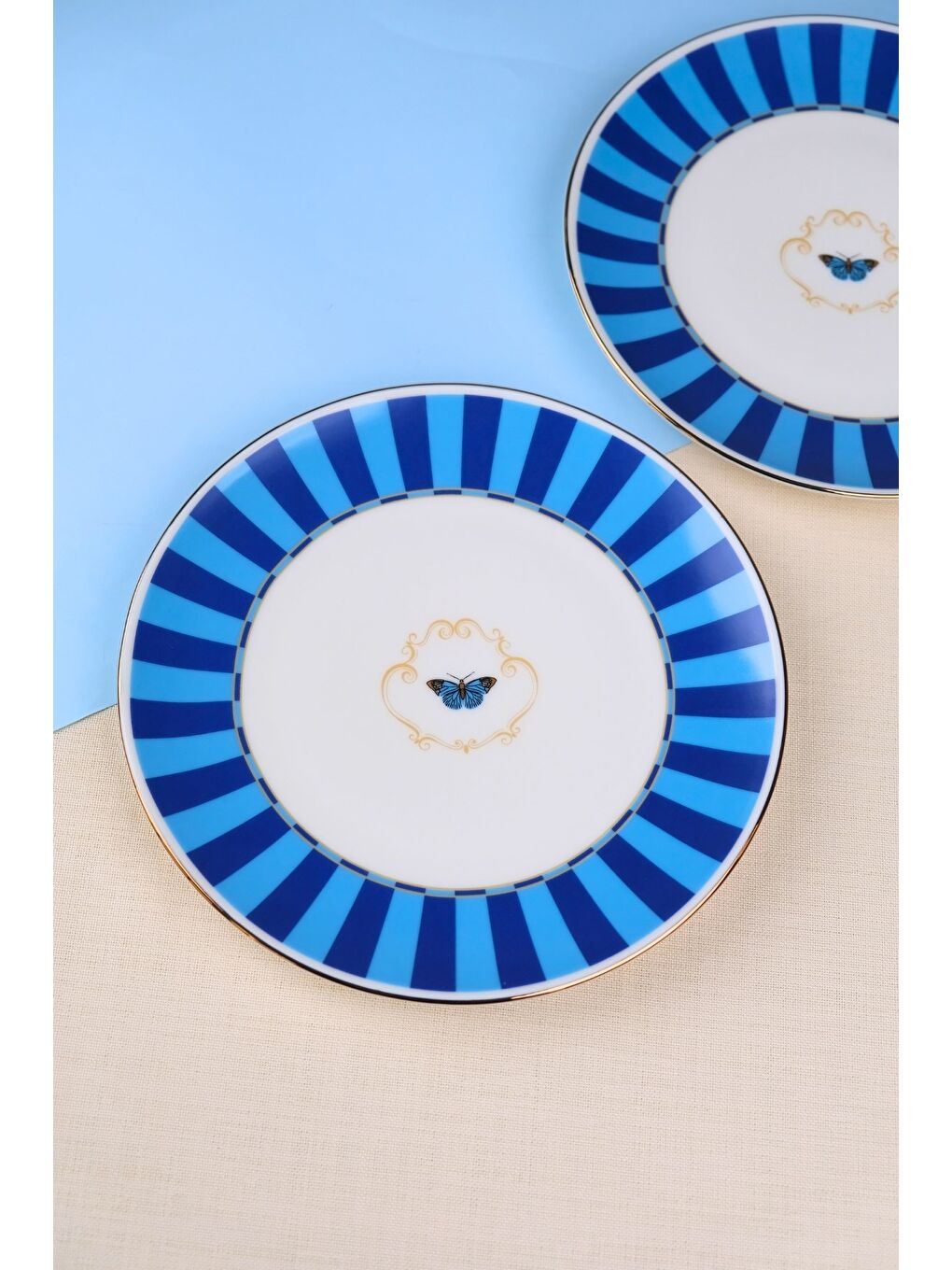 Karışık Porselen Butterfly Collection Altın Yaldızlı Pasta Tabağı Mavi 20,50cm 2 li-2