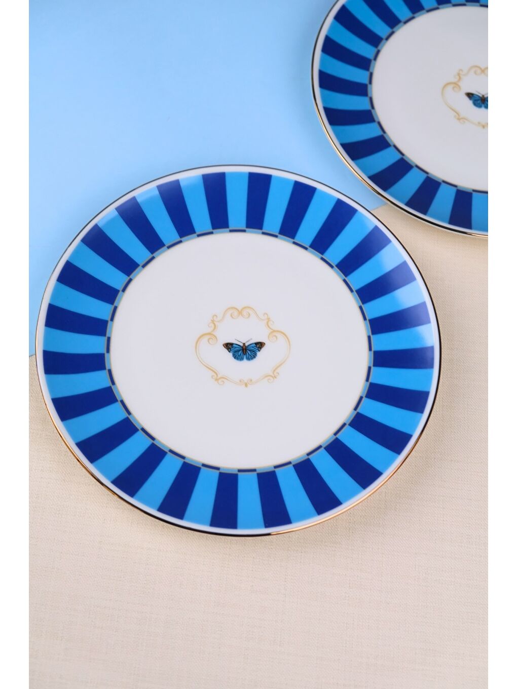Karışık Porselen Butterfly Collection Altın Yaldızlı Pasta Tabağı Mavi 20,50cm 2 li-3