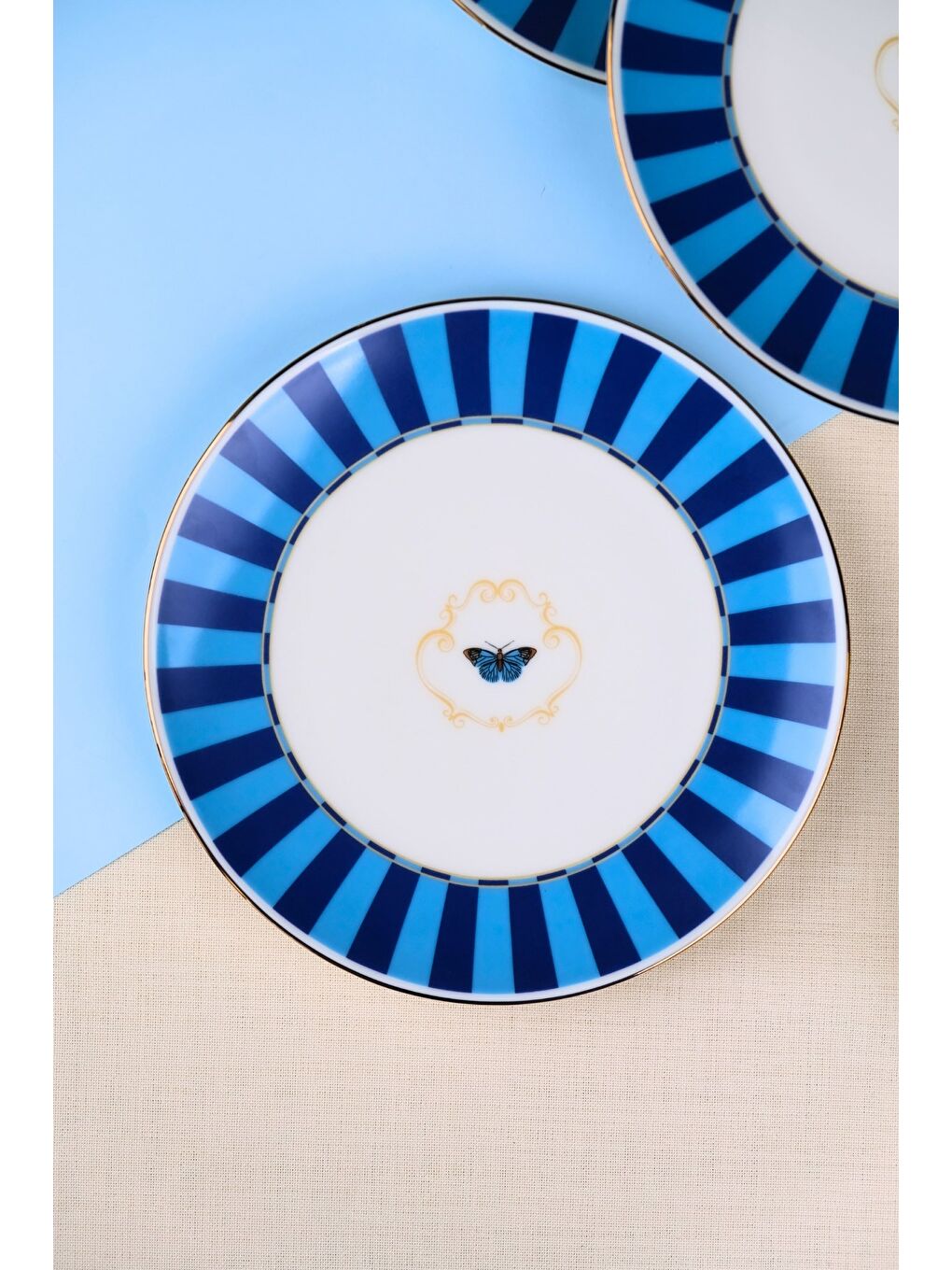 Karışık Porselen Butterfly Collection Altın Yaldızlı Pasta Tabağı Mavi 20,50cm 2 li-4