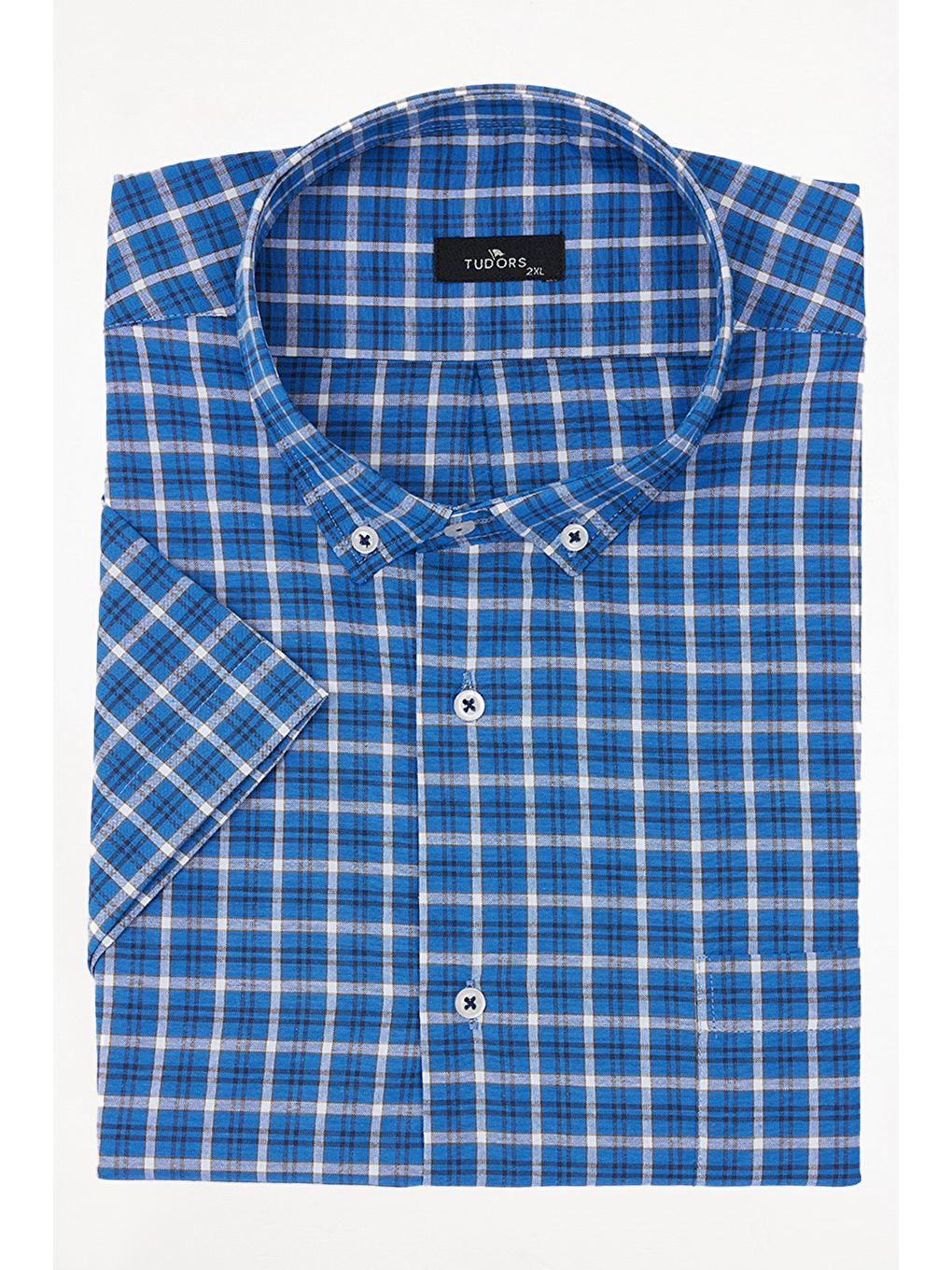 Mavi Erkek Big Size Büyük Beden Pamuklu Düğmeli Yaka Kısa Kollu Tek Cepli Kareli Gömlek