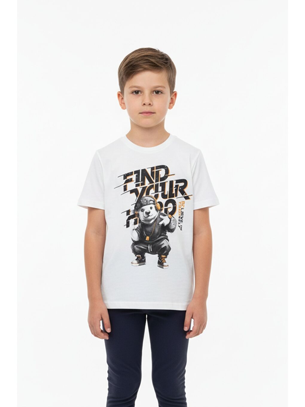 Ekru Erkek Çocuk Bisiklet Yaka Kısa Kollu Baskılı Tişört 24992