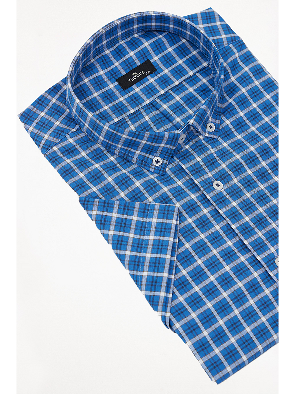 Mavi Erkek Big Size Büyük Beden Pamuklu Düğmeli Yaka Kısa Kollu Tek Cepli Kareli Gömlek-1