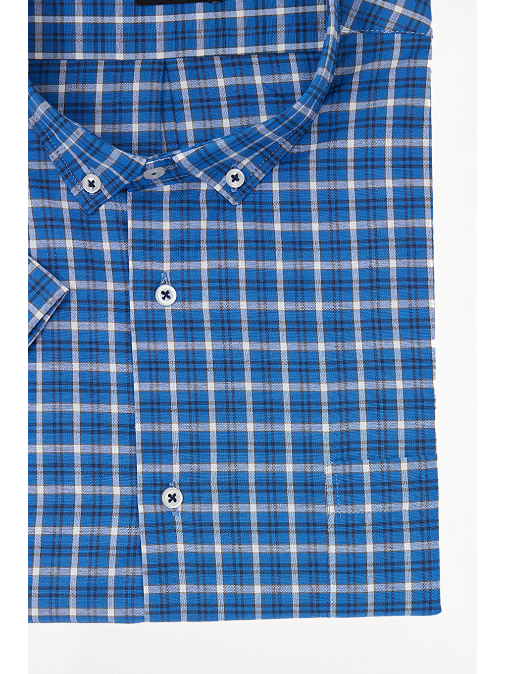 Mavi Erkek Big Size Büyük Beden Pamuklu Düğmeli Yaka Kısa Kollu Tek Cepli Kareli Gömlek-2