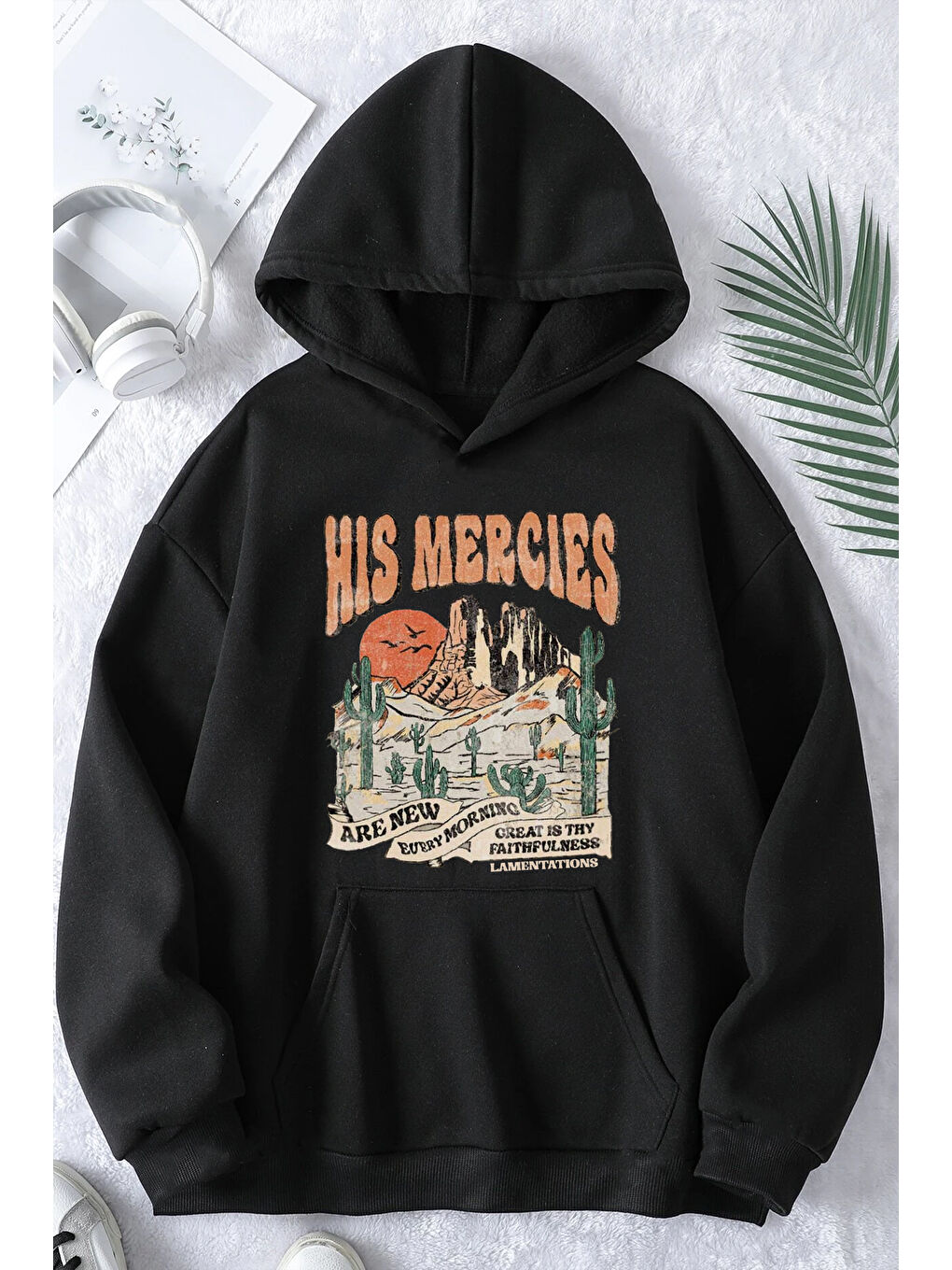 Siyah His Mercies Baskılı Oversize Sweatshirt