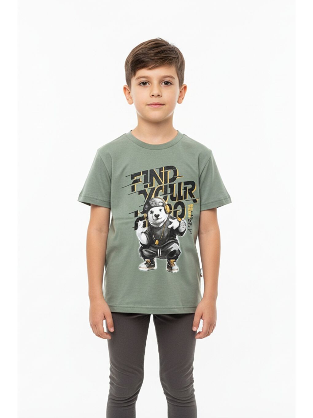 Yeşil Erkek Çocuk Bisiklet Yaka Kısa Kollu Baskılı Tişört 24992