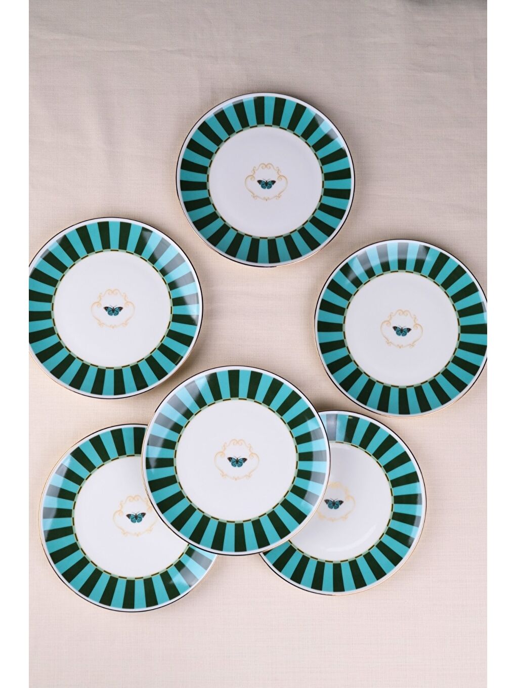 Karışık Porselen Butterfly Collection Altın Yaldızlı Pasta Tabağı Yeşil 20,50cm 6 lı