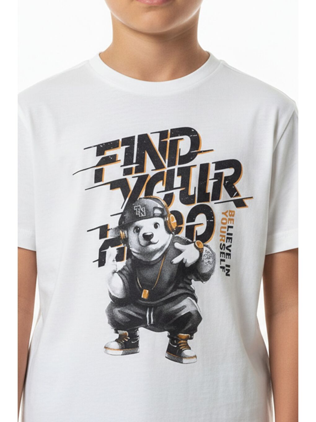 Ekru Erkek Çocuk Bisiklet Yaka Kısa Kollu Baskılı Tişört 24992-3