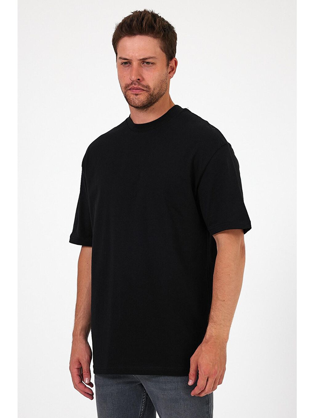 Siyah Bisiklet Yaka Baskılı Erkek Tişört 7024-1