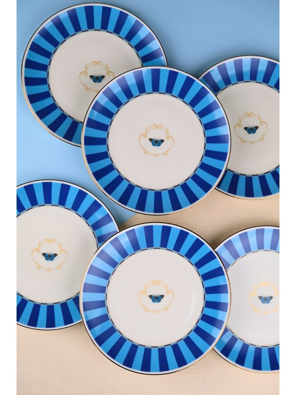 Karışık Porselen Butterfly Collection Altın Yaldızlı Pasta Tabağı Mavi 20,50cm 6 lı