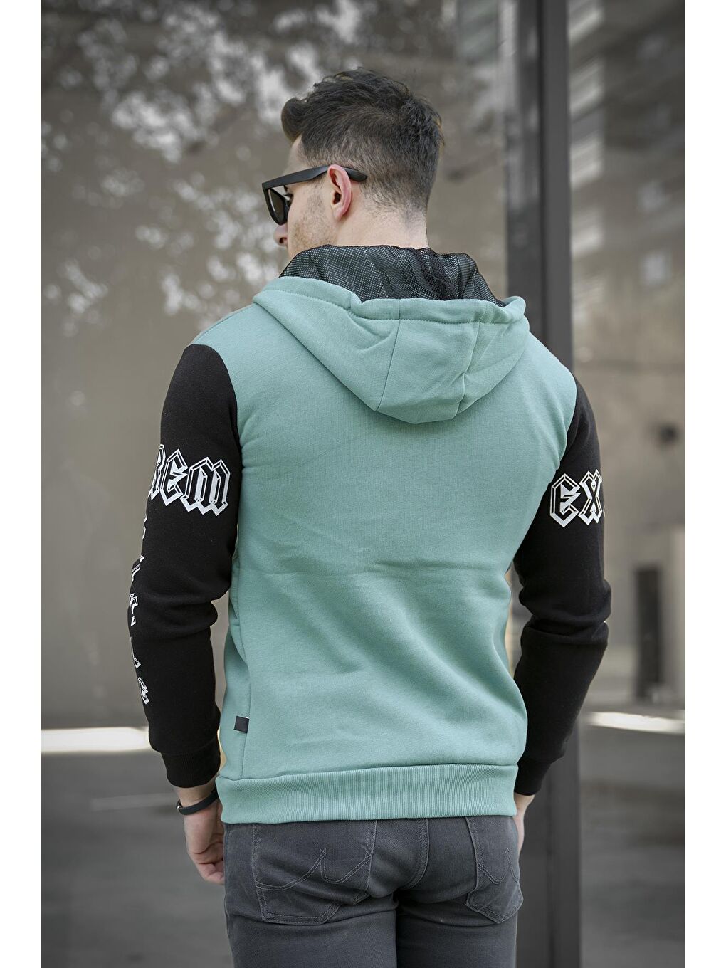 Oksit Yeşil Pamuklu Üç İplik Şardonlu Fermuarlı Kapüşonlu Kol Baskılı Slim Fit Erkek Sweatshirt - 3