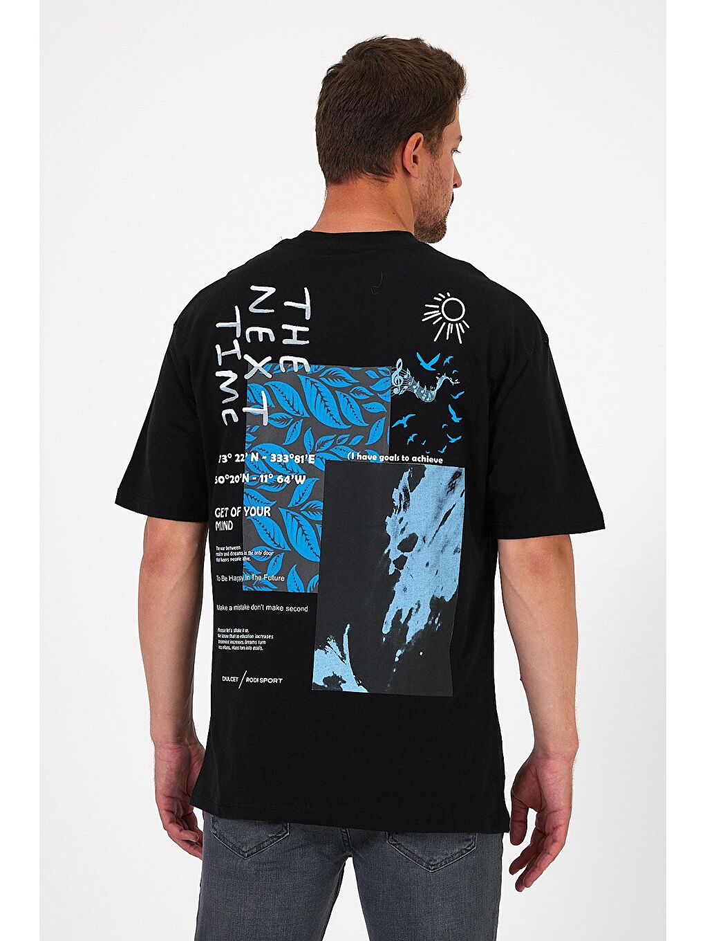 Siyah Bisiklet Yaka Baskılı Erkek Tişört 7024-3