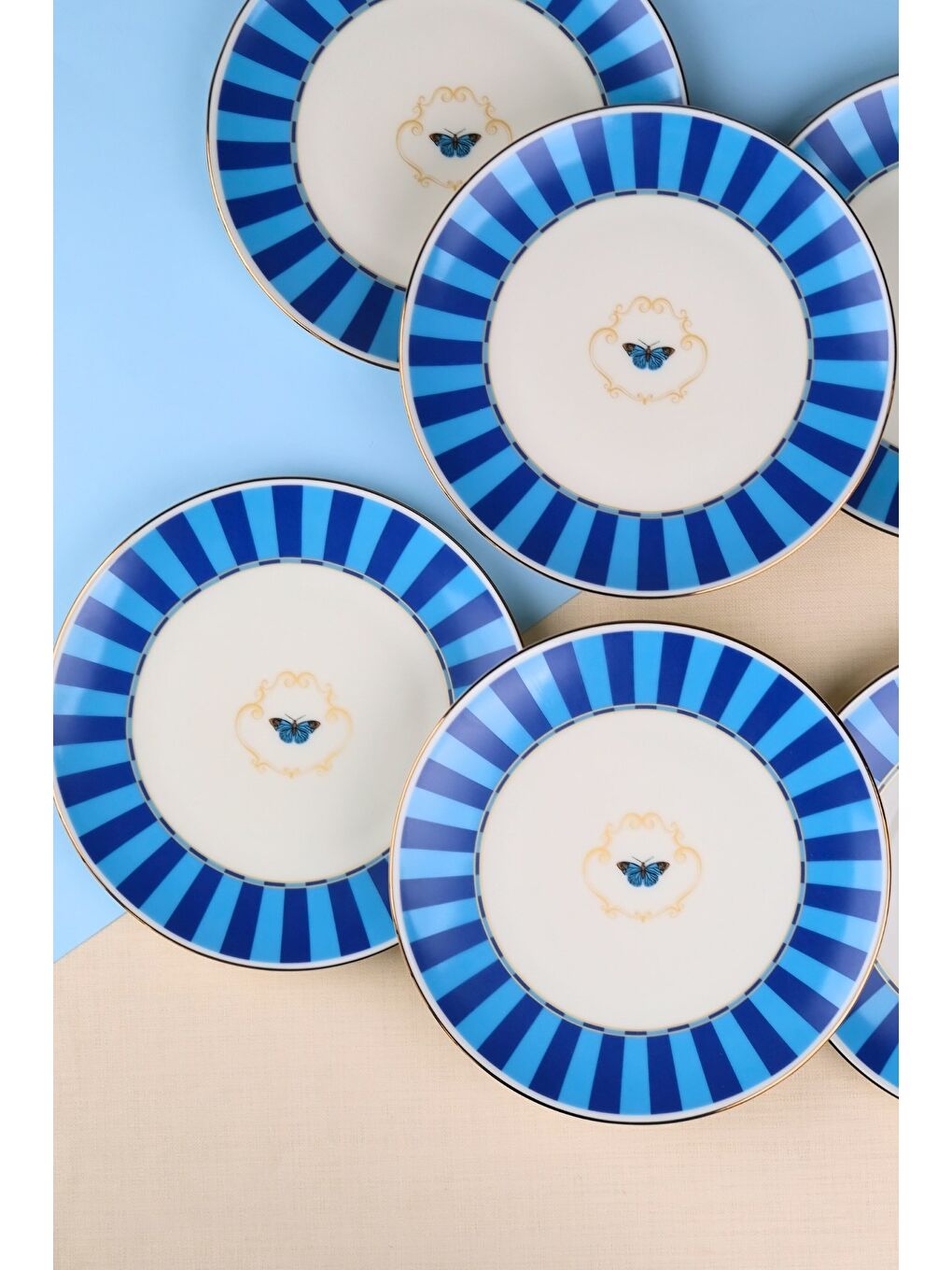 Karışık Porselen Butterfly Collection Altın Yaldızlı Pasta Tabağı Mavi 20,50cm 6 lı-1