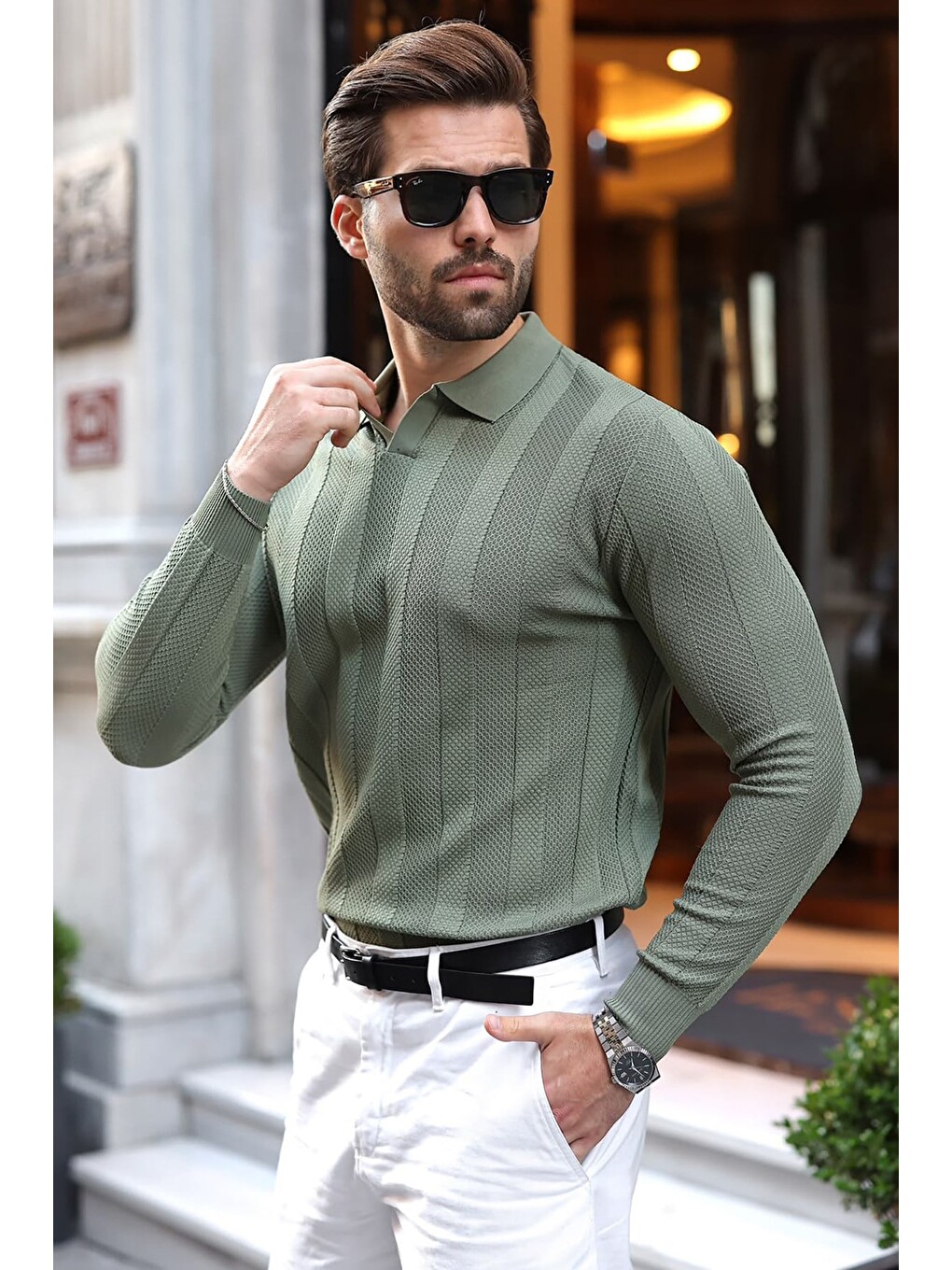 Haki Regular Fit Polo Yaka Triko Erkek Kazak E7509