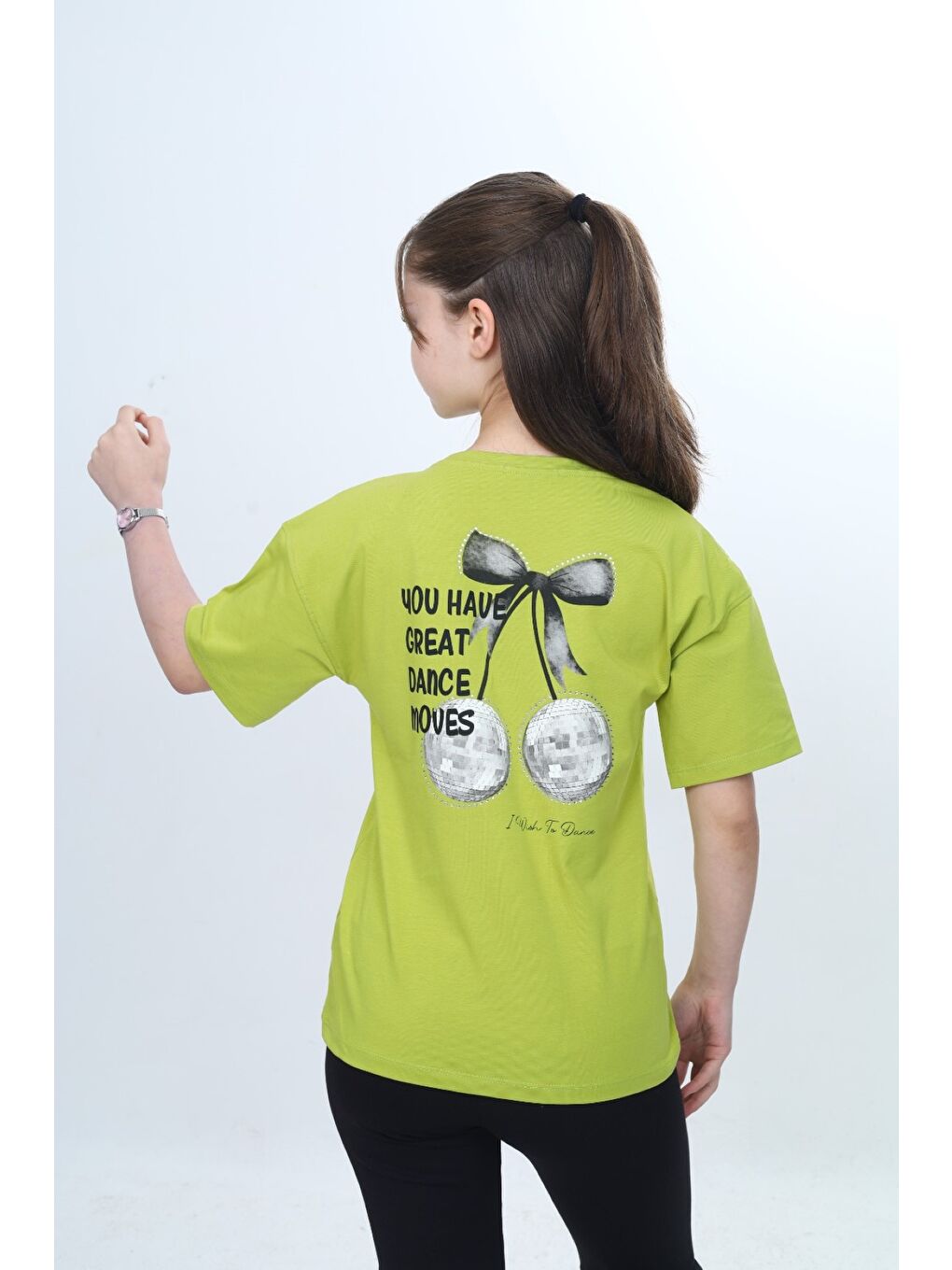 Yeşil Kız Çocuk Bisiklet Yaka Düşük Omuz Kısa Kollu Baskılı Tişört  24973-6