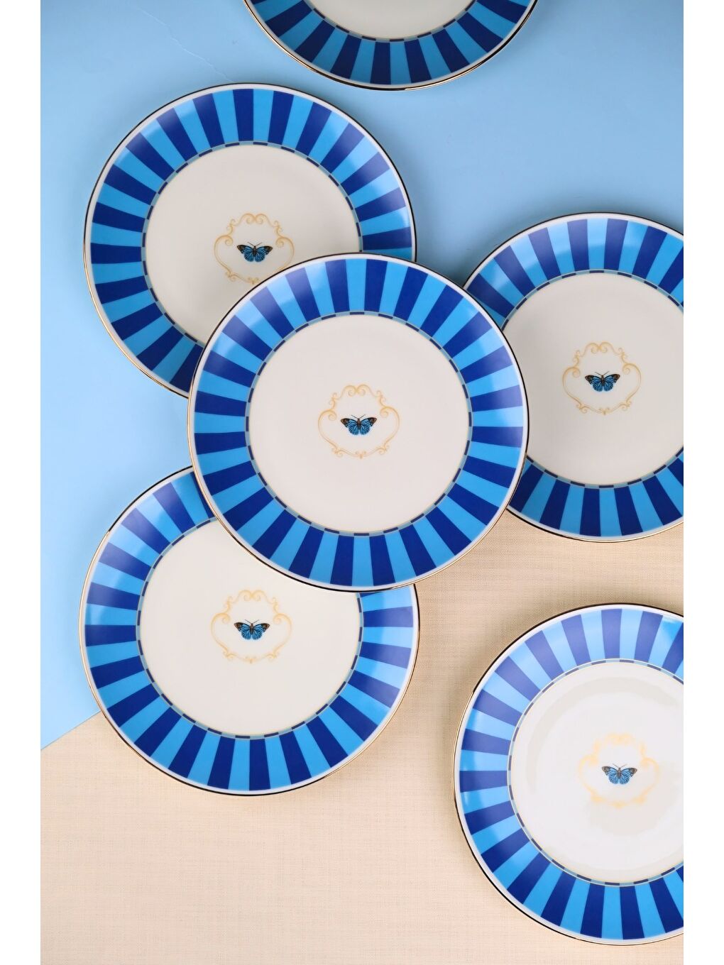 Karışık Porselen Butterfly Collection Altın Yaldızlı Pasta Tabağı Mavi 20,50cm 6 lı-2