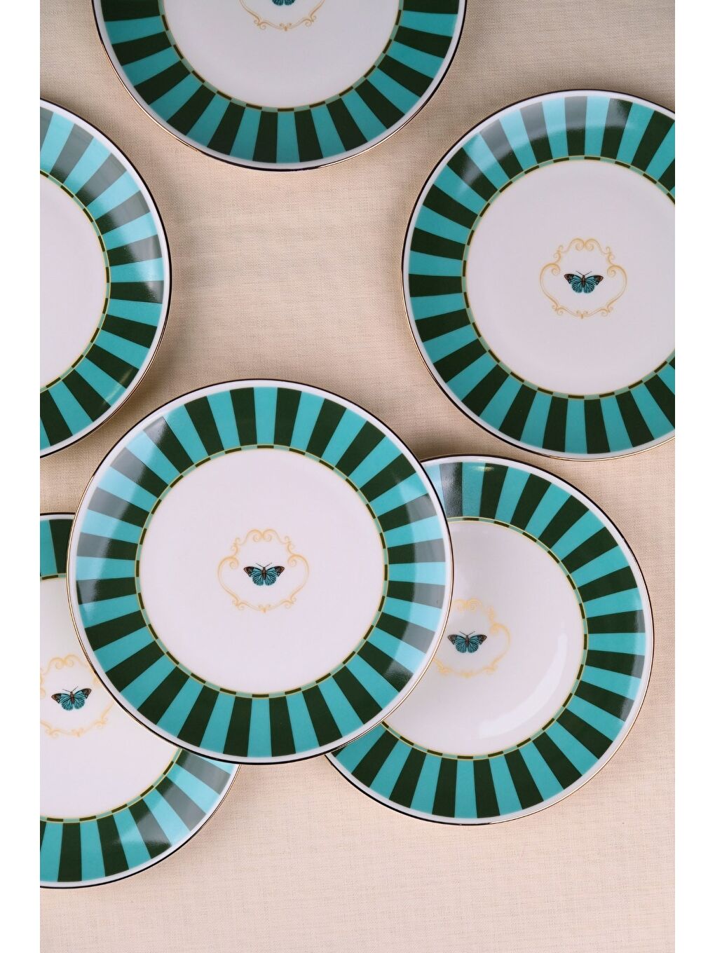Karışık Porselen Butterfly Collection Altın Yaldızlı Pasta Tabağı Yeşil 20,50cm 6 lı-5