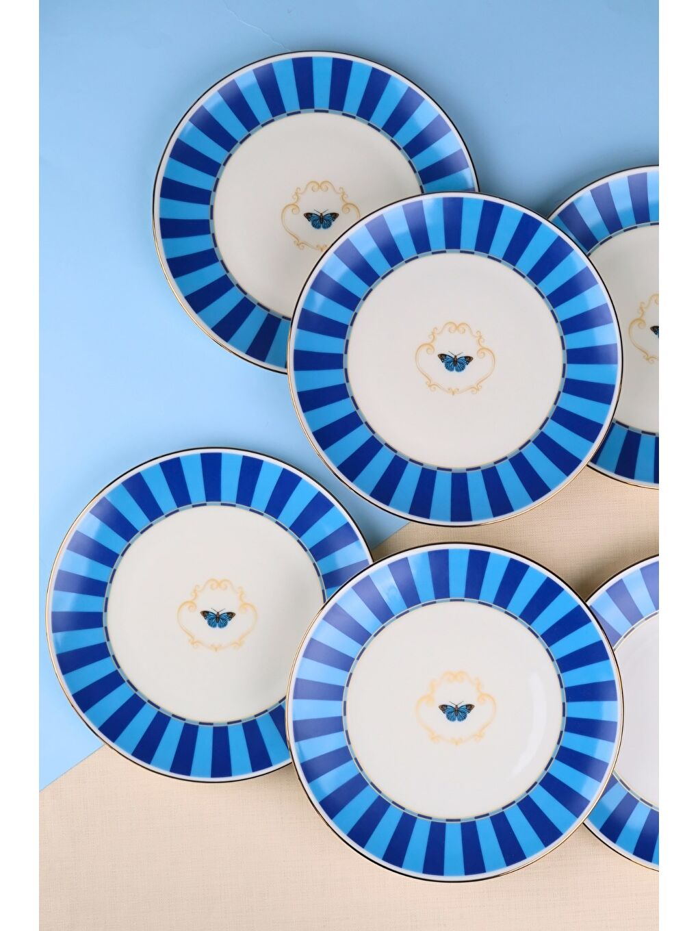 Karışık Porselen Butterfly Collection Altın Yaldızlı Pasta Tabağı Mavi 20,50cm 6 lı-4