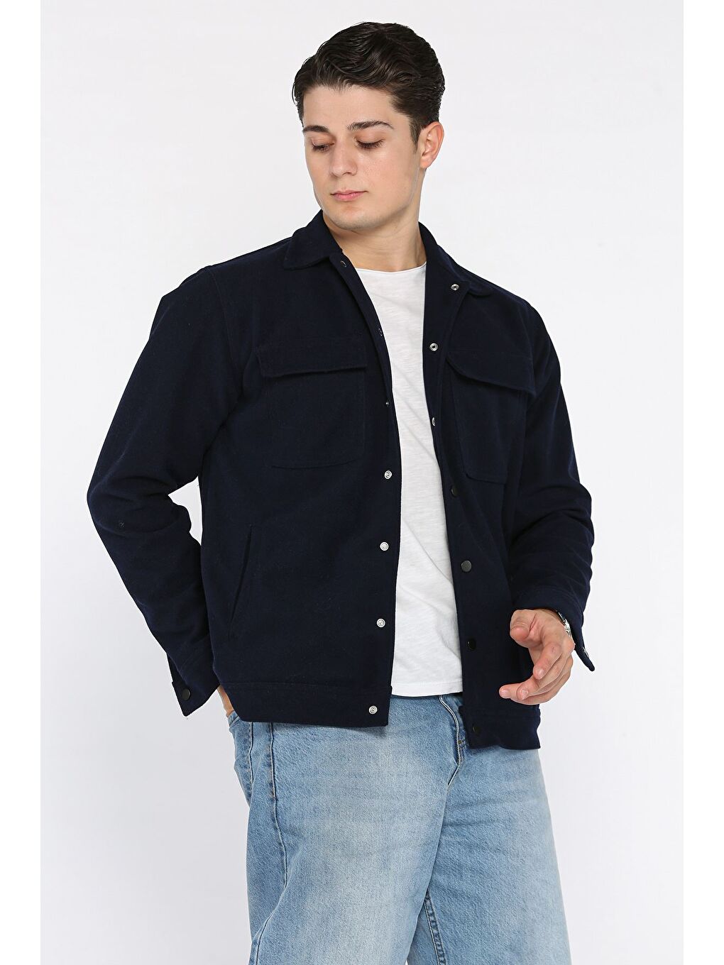 Lacivert Erkek Ön Çıtçıtlı Kaşe Gömlek Ceket-1