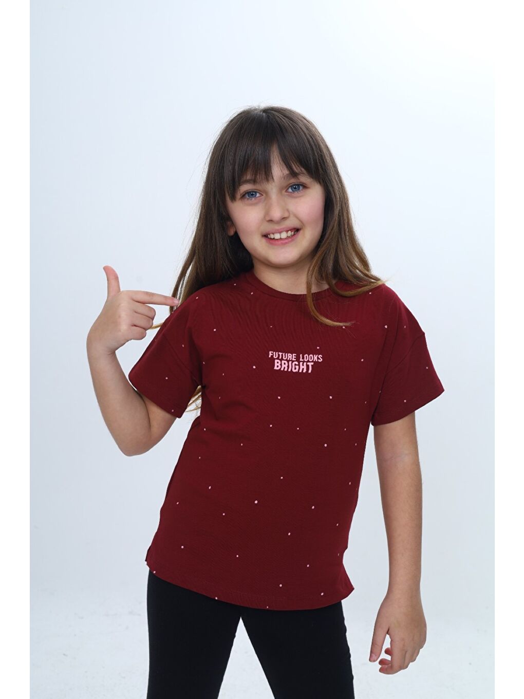 Bordo Kız Çocuk Bisiklet Yaka Düşük Omuz Kısa Kollu  Baskılı Tişört 24983