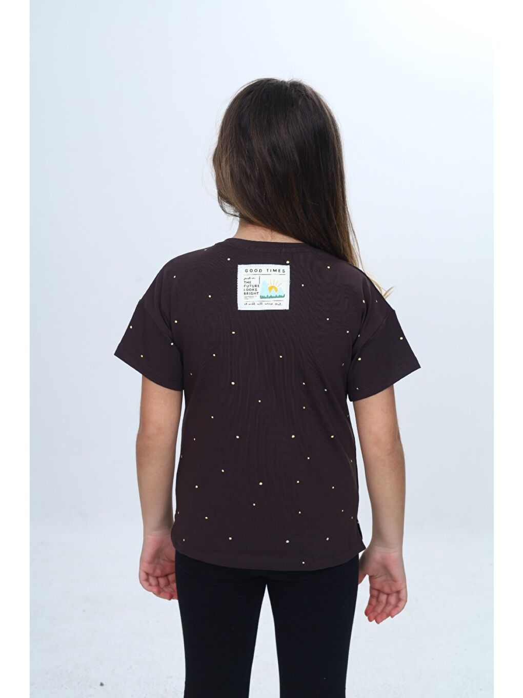 Kahverengi Kız Çocuk Bisiklet Yaka Düşük Omuz Kısa Kollu  Baskılı Tişört 24983-5