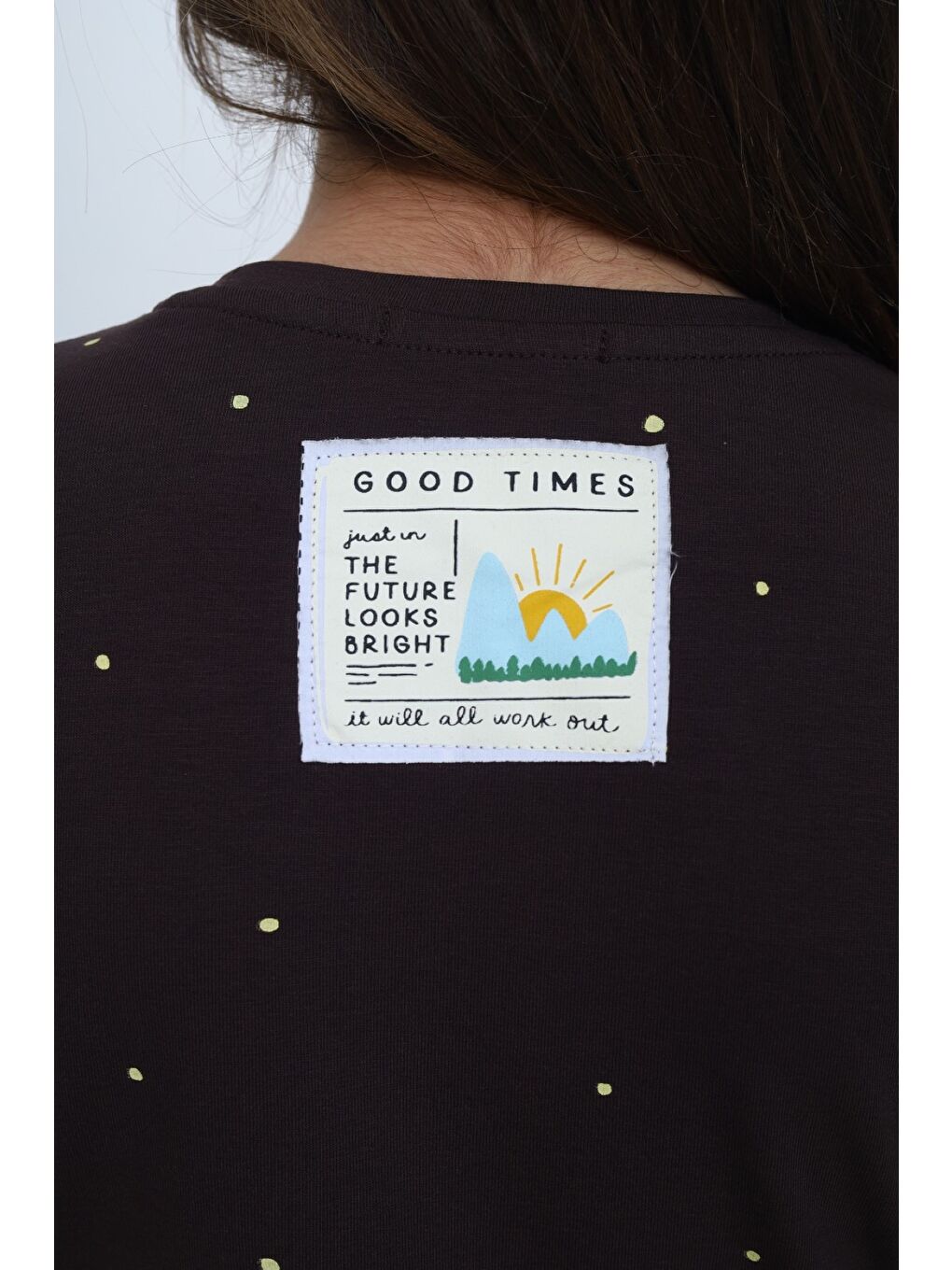 Kahverengi Kız Çocuk Bisiklet Yaka Düşük Omuz Kısa Kollu  Baskılı Tişört 24983-6