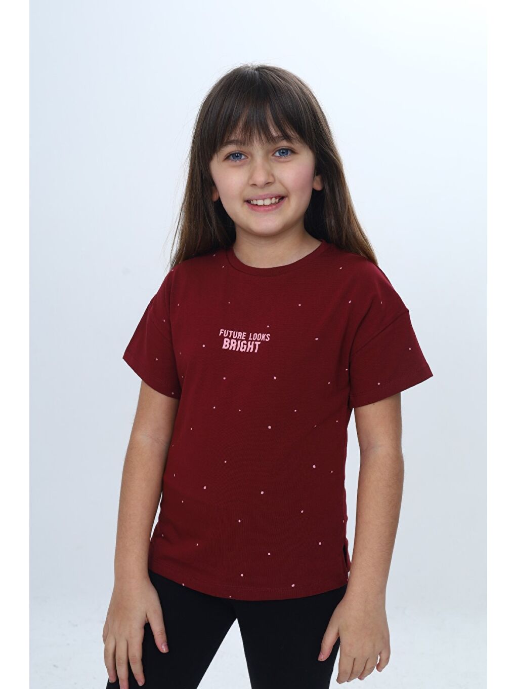 Bordo Kız Çocuk Bisiklet Yaka Düşük Omuz Kısa Kollu  Baskılı Tişört 24983-1