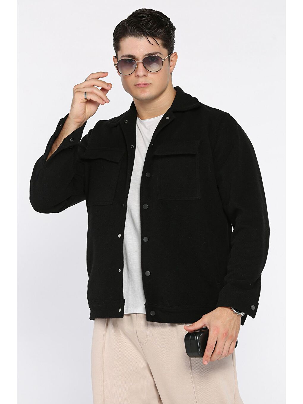 Siyah Erkek Ön Çıtçıtlı Kaşe Gömlek Ceket