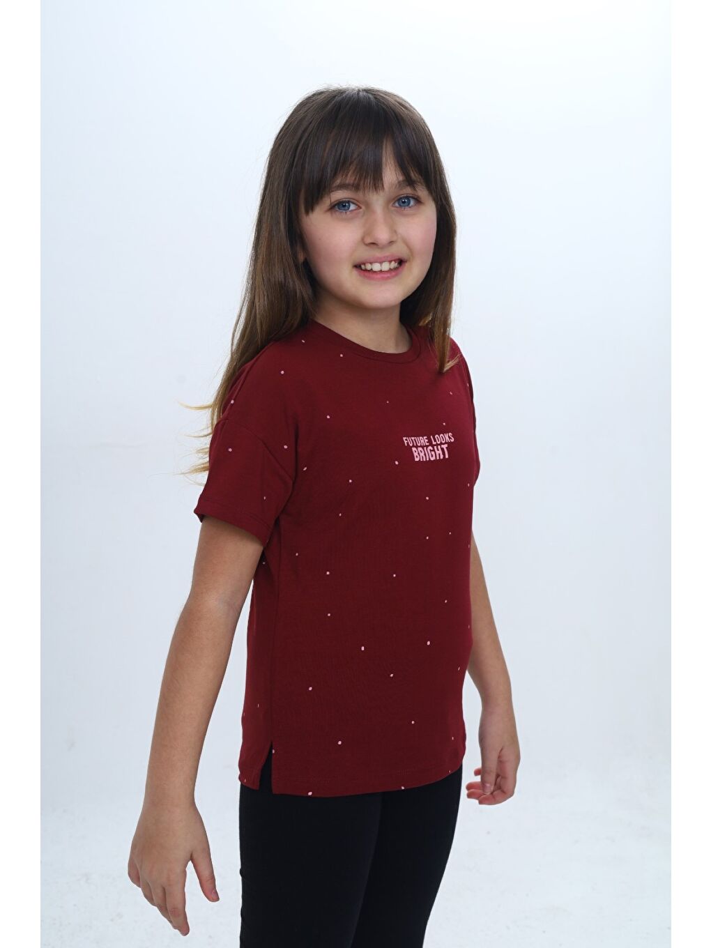 Bordo Kız Çocuk Bisiklet Yaka Düşük Omuz Kısa Kollu  Baskılı Tişört 24983-2