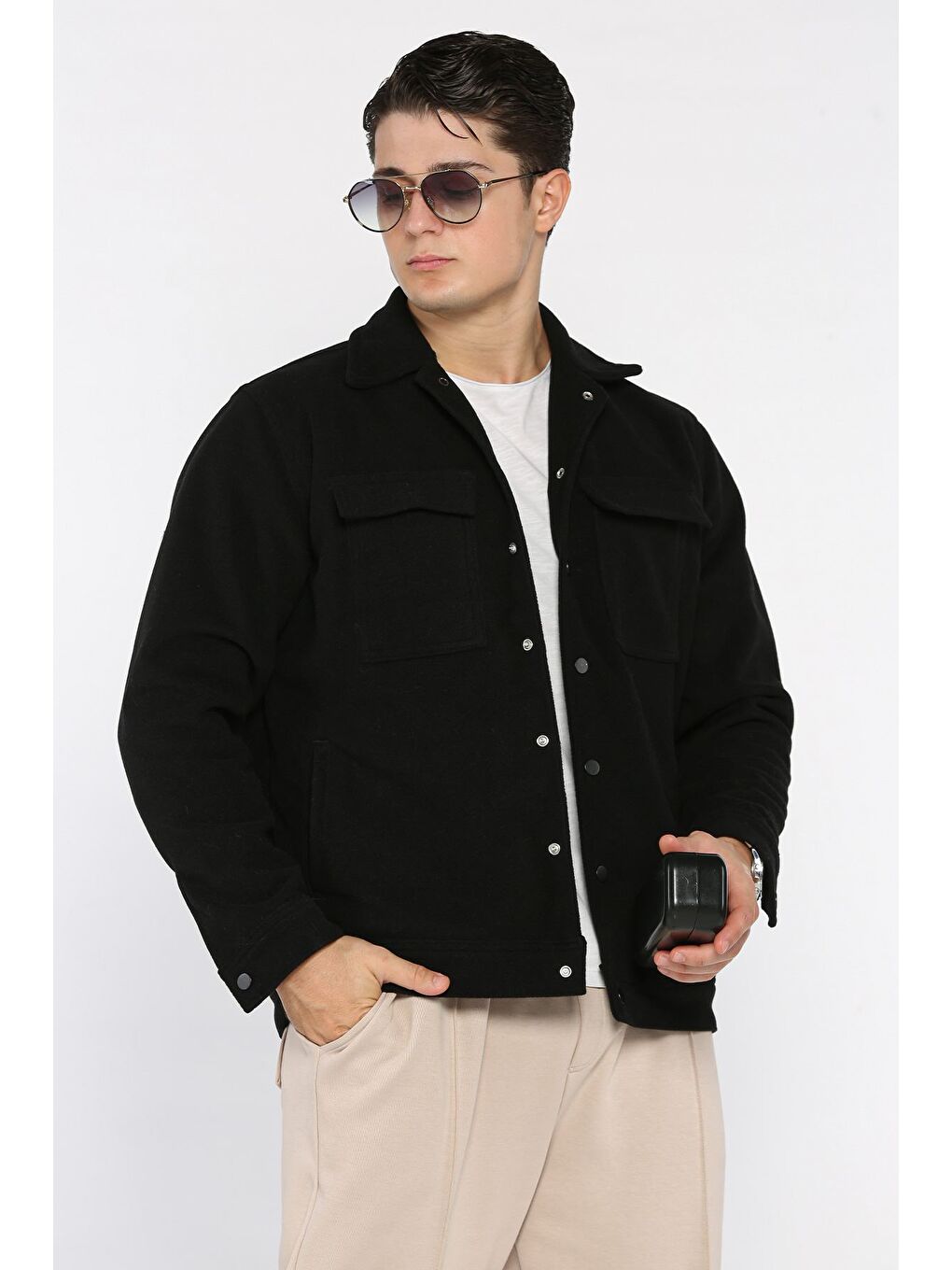Siyah Erkek Ön Çıtçıtlı Kaşe Gömlek Ceket-1