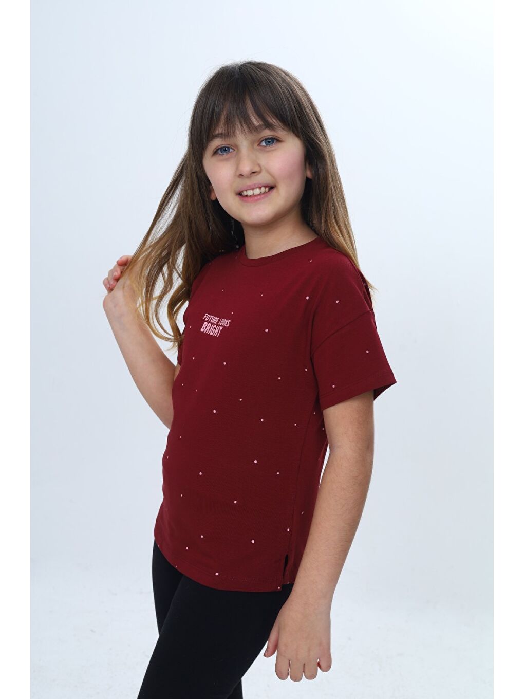 Bordo Kız Çocuk Bisiklet Yaka Düşük Omuz Kısa Kollu  Baskılı Tişört 24983-3