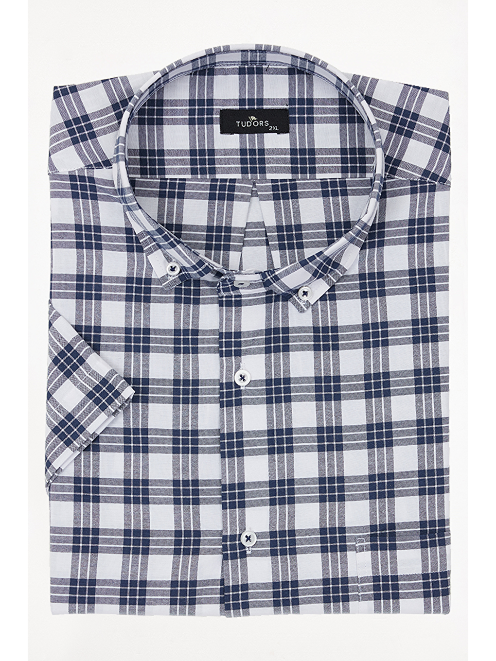 Lacivert Erkek Big Size Büyük Beden Pamuklu Düğmeli Yaka Kısa Kollu Tek Cepli Kareli Gömlek