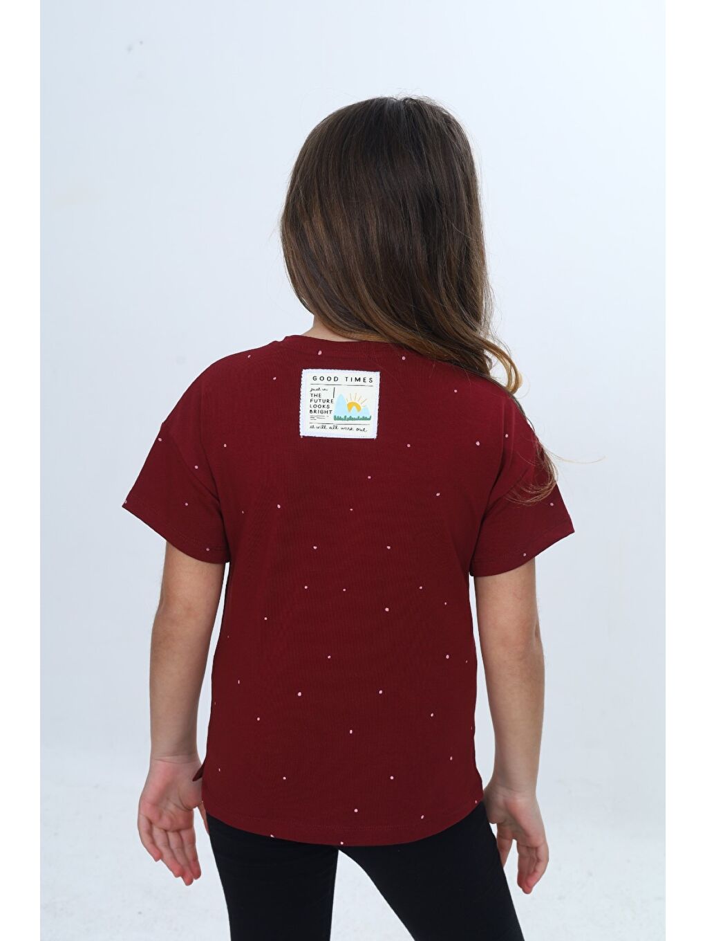 Bordo Kız Çocuk Bisiklet Yaka Düşük Omuz Kısa Kollu  Baskılı Tişört 24983-4