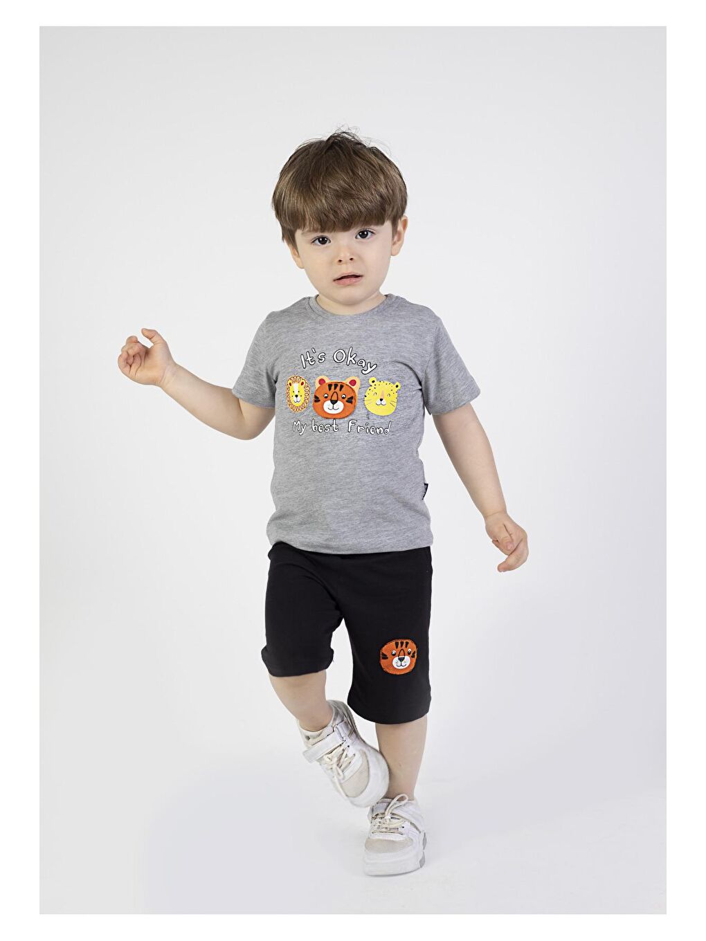 Gri Erkek Bebek Kaprili Kısa Kollu Baskılı Yazlık Basic Alt-Üst Takım 6-24 ay