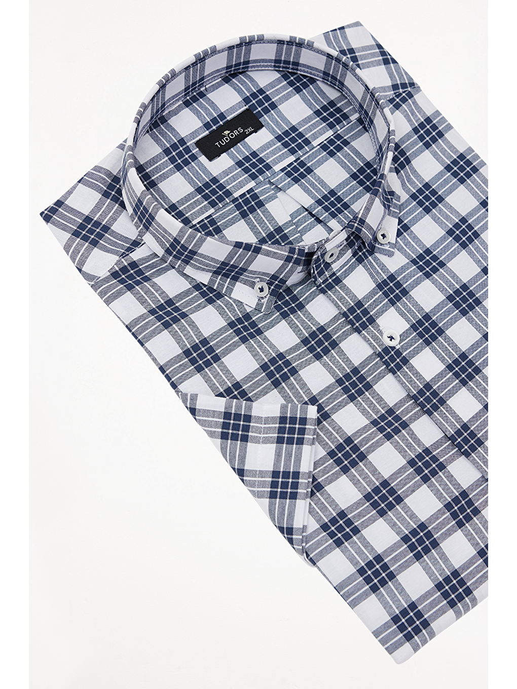 Lacivert Erkek Big Size Büyük Beden Pamuklu Düğmeli Yaka Kısa Kollu Tek Cepli Kareli Gömlek-1