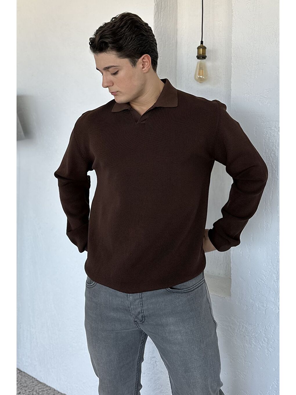 Kahverengi Gömlek Yaka Erkek Triko Kazak-1