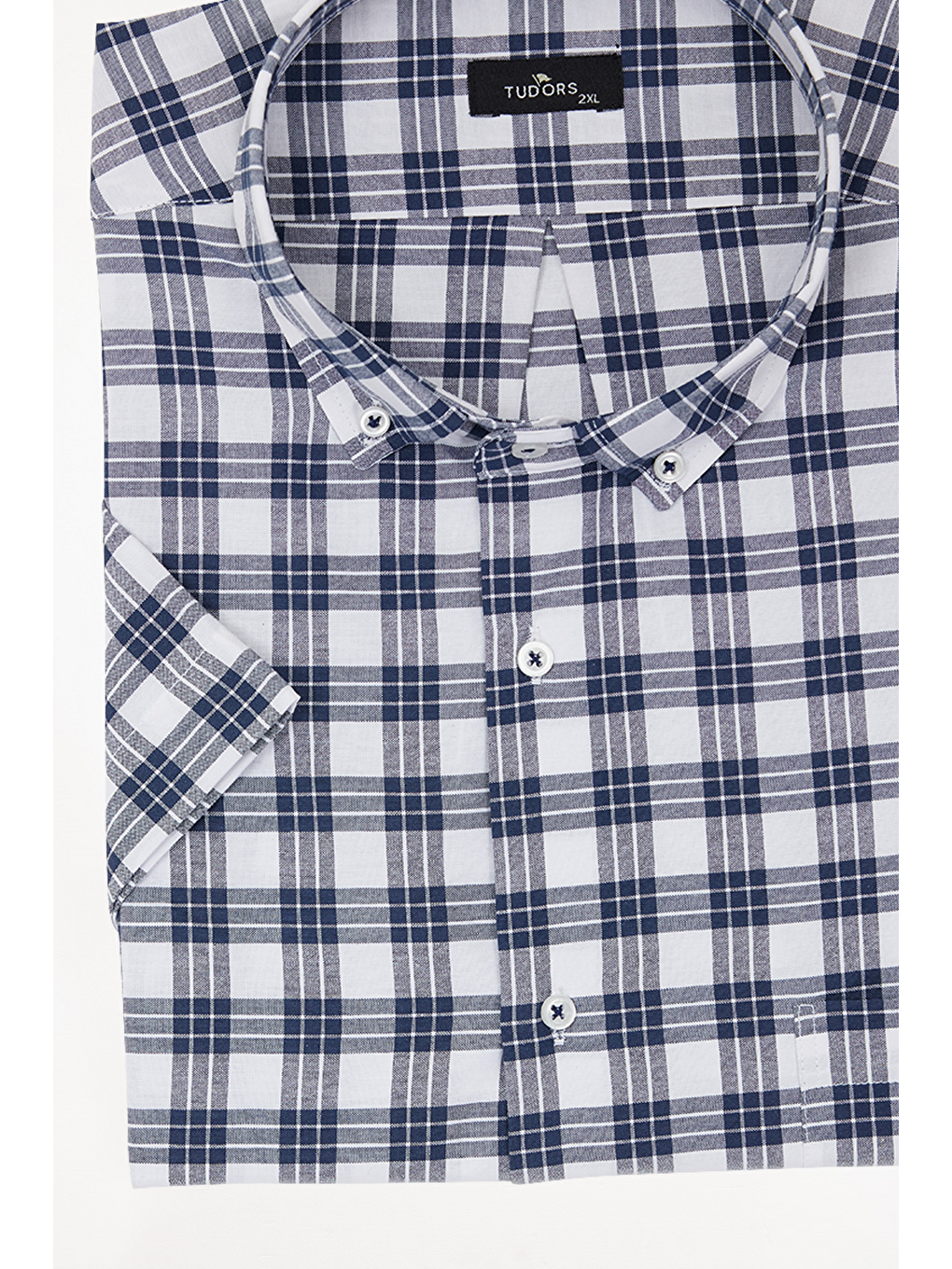 Lacivert Erkek Big Size Büyük Beden Pamuklu Düğmeli Yaka Kısa Kollu Tek Cepli Kareli Gömlek-2