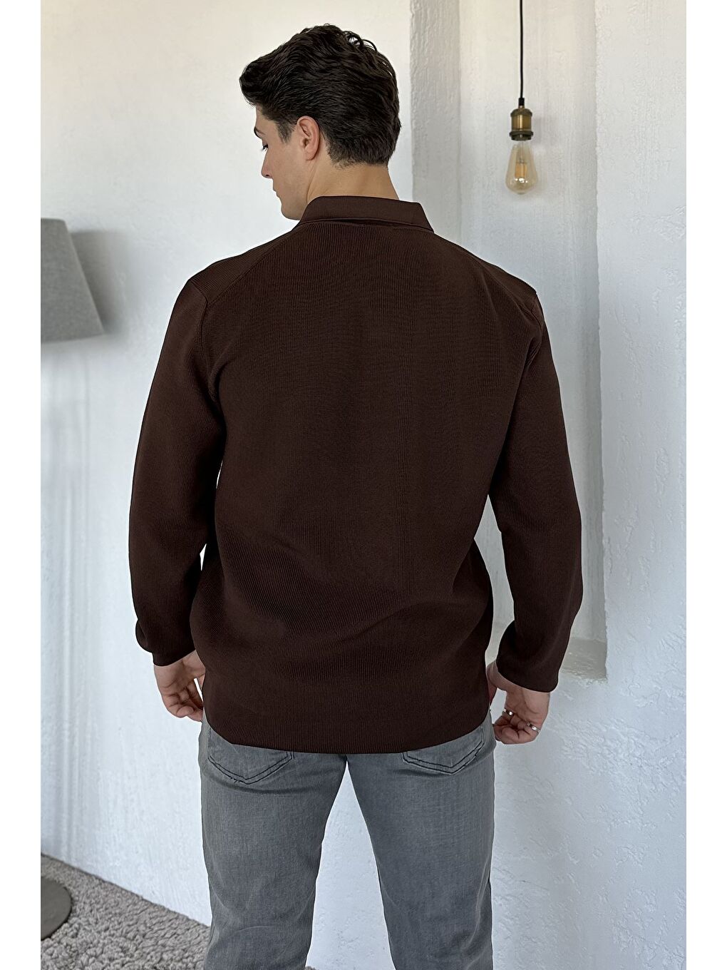 Kahverengi Gömlek Yaka Erkek Triko Kazak-2