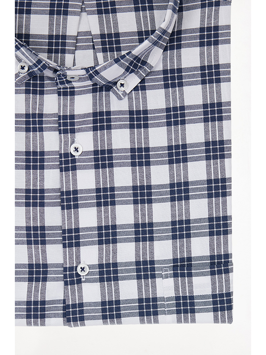 Lacivert Erkek Big Size Büyük Beden Pamuklu Düğmeli Yaka Kısa Kollu Tek Cepli Kareli Gömlek-3